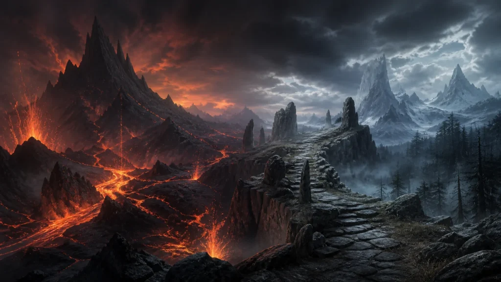 Blackfire Crag volcanic biome beside Elderstone Ridge and distant frozen peaks in Ebonreach