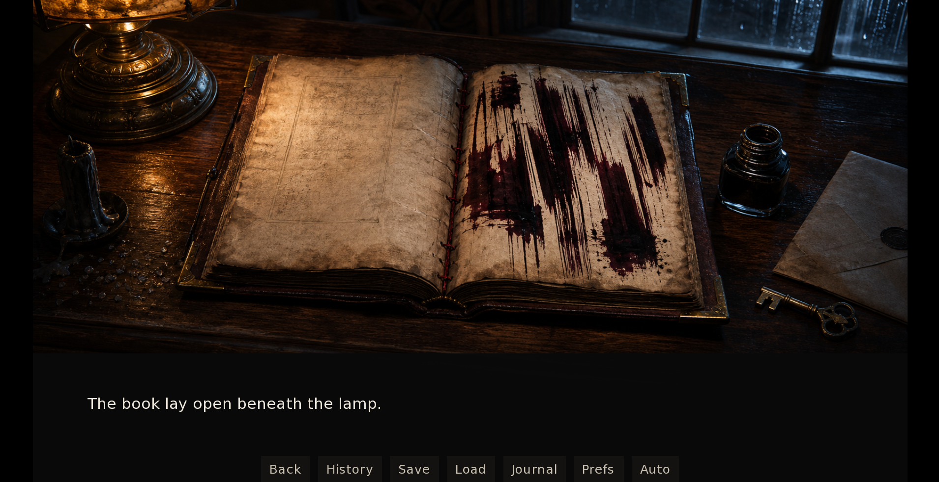 The blood-marked prophetic book open beneath a lamp in A Letter from the Dead
