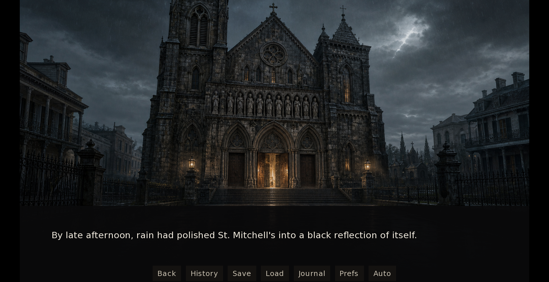 Rain-darkened St. Mitchell’s Cathedral in Ebonreach during A Letter from the Dead