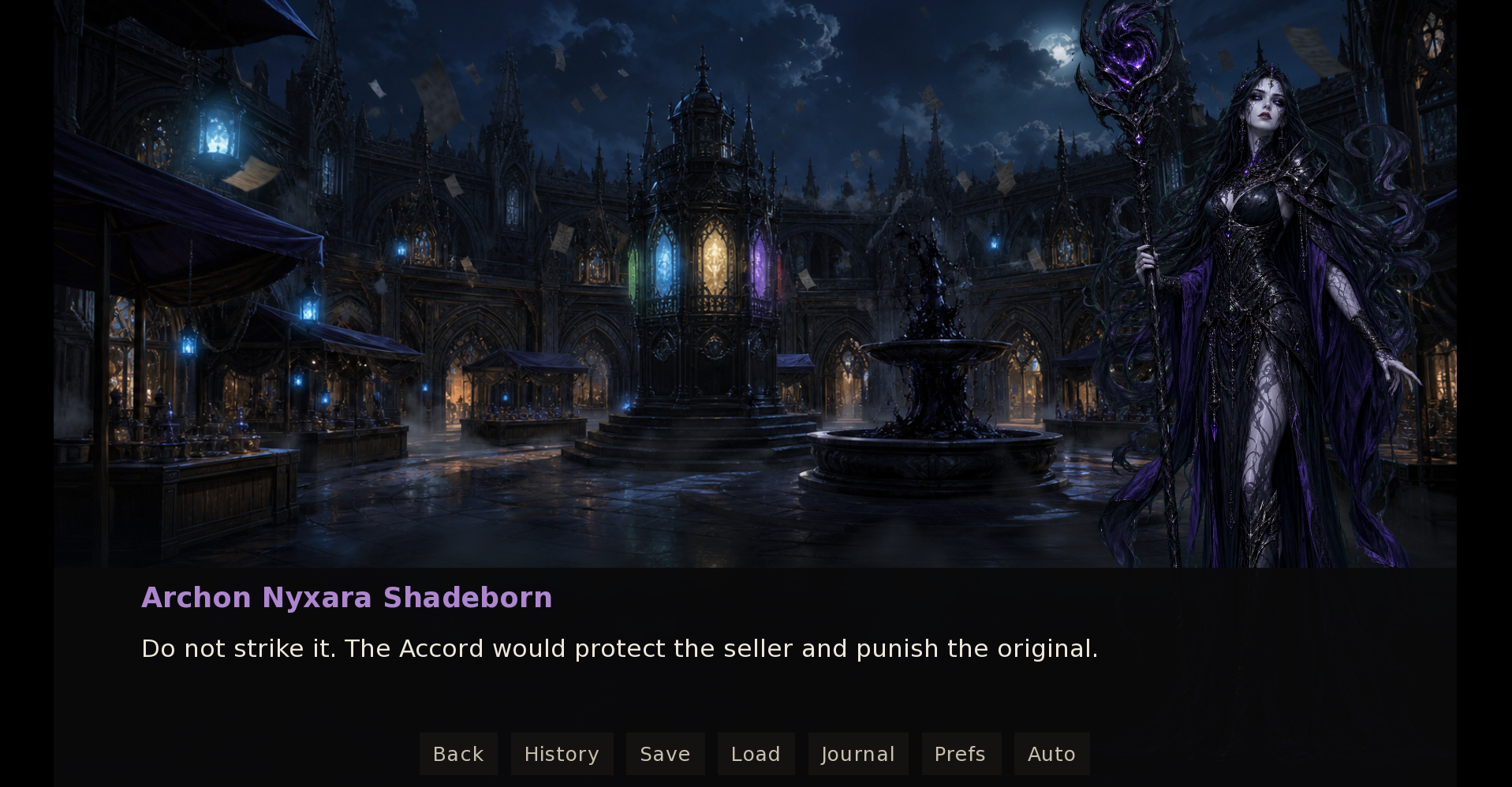 Archon Nyxara Shadeborn inside the moonlit Vellum Exchange in A Letter from the Dead