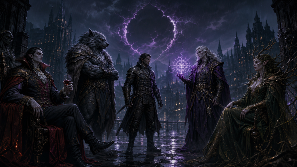 Representatives of the vampire, werewolf, hunter, mage, and fae factions gathered beneath the cracking Veil in Ebonreach