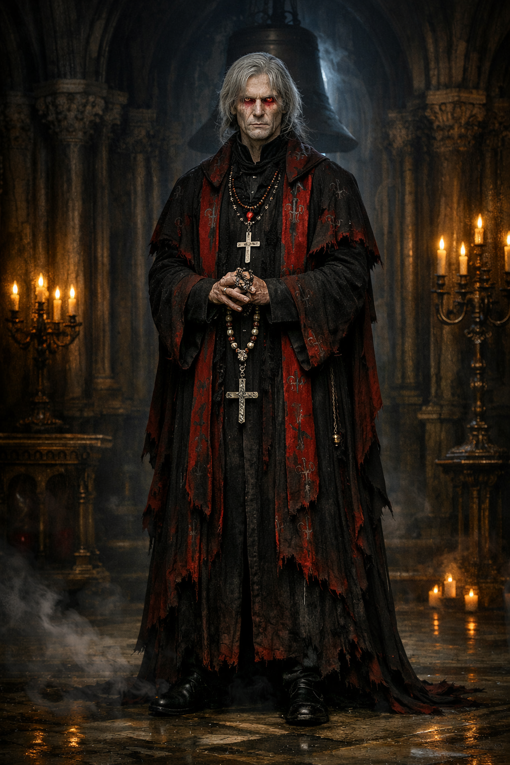 Father Aldric Mitchell, a white-haired vampire priest in black and crimson vestments inside a candlelit cathedral