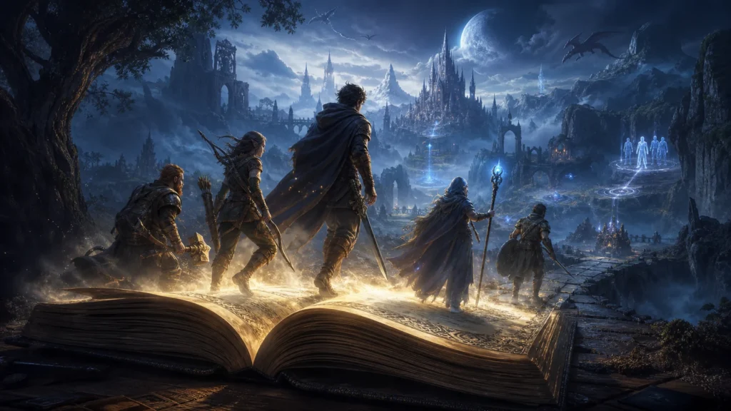 Fantasy adventurers crossing from an ancient book into an expansive online role-playing world