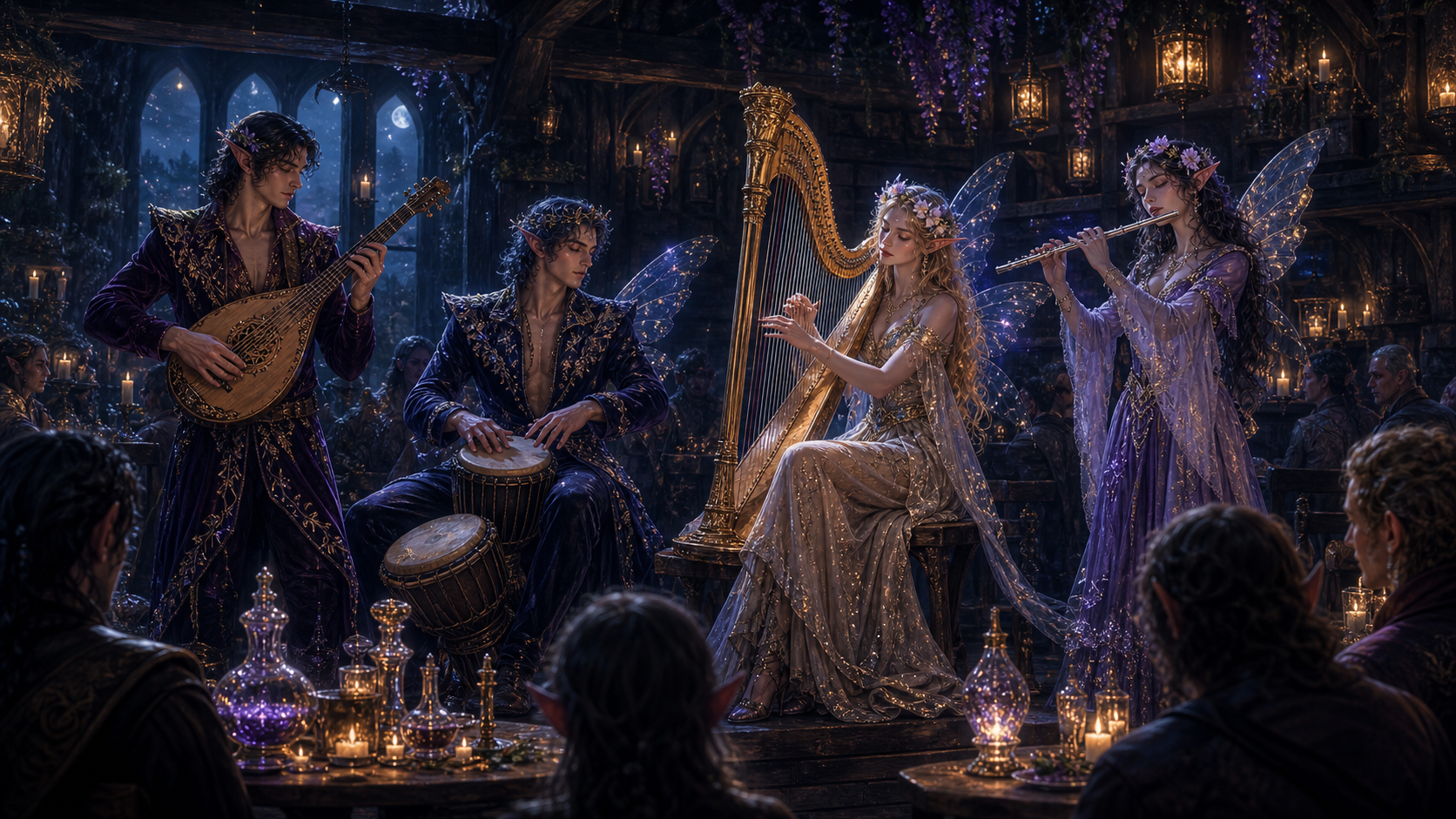 The Moonwine Quartet performing in a moonlit Ebonreach tavern