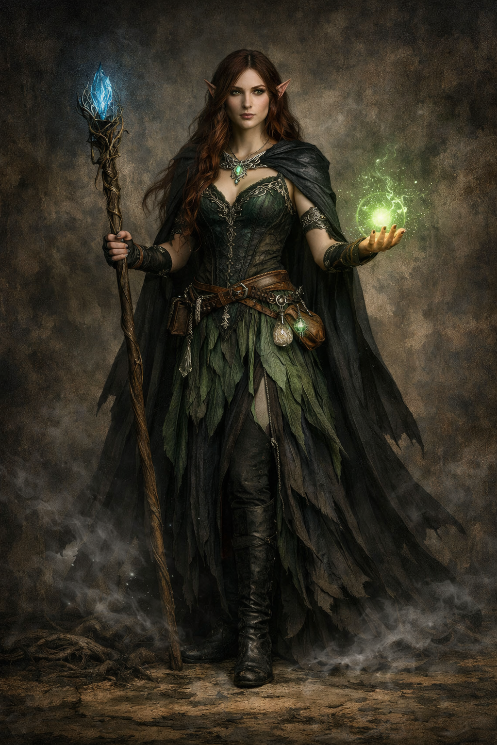 Seren Fernshade, a green-eyed Fae seer holding a crystal staff and glowing green magic