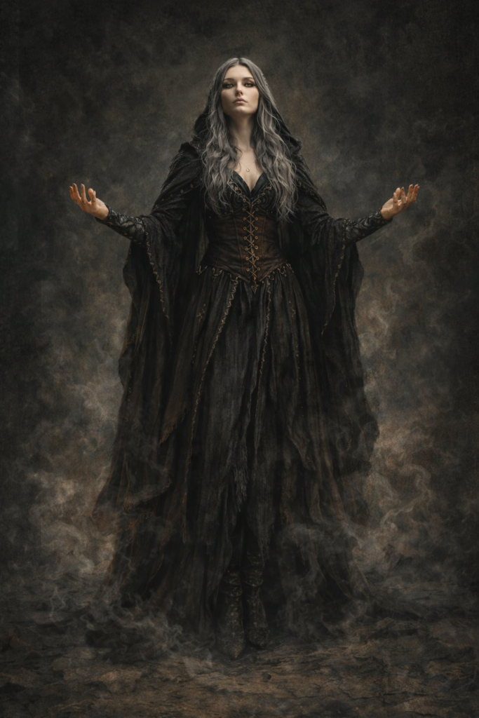 Sybilla Vale, a silver-haired mage in black ritual robes surrounded by Veil mist