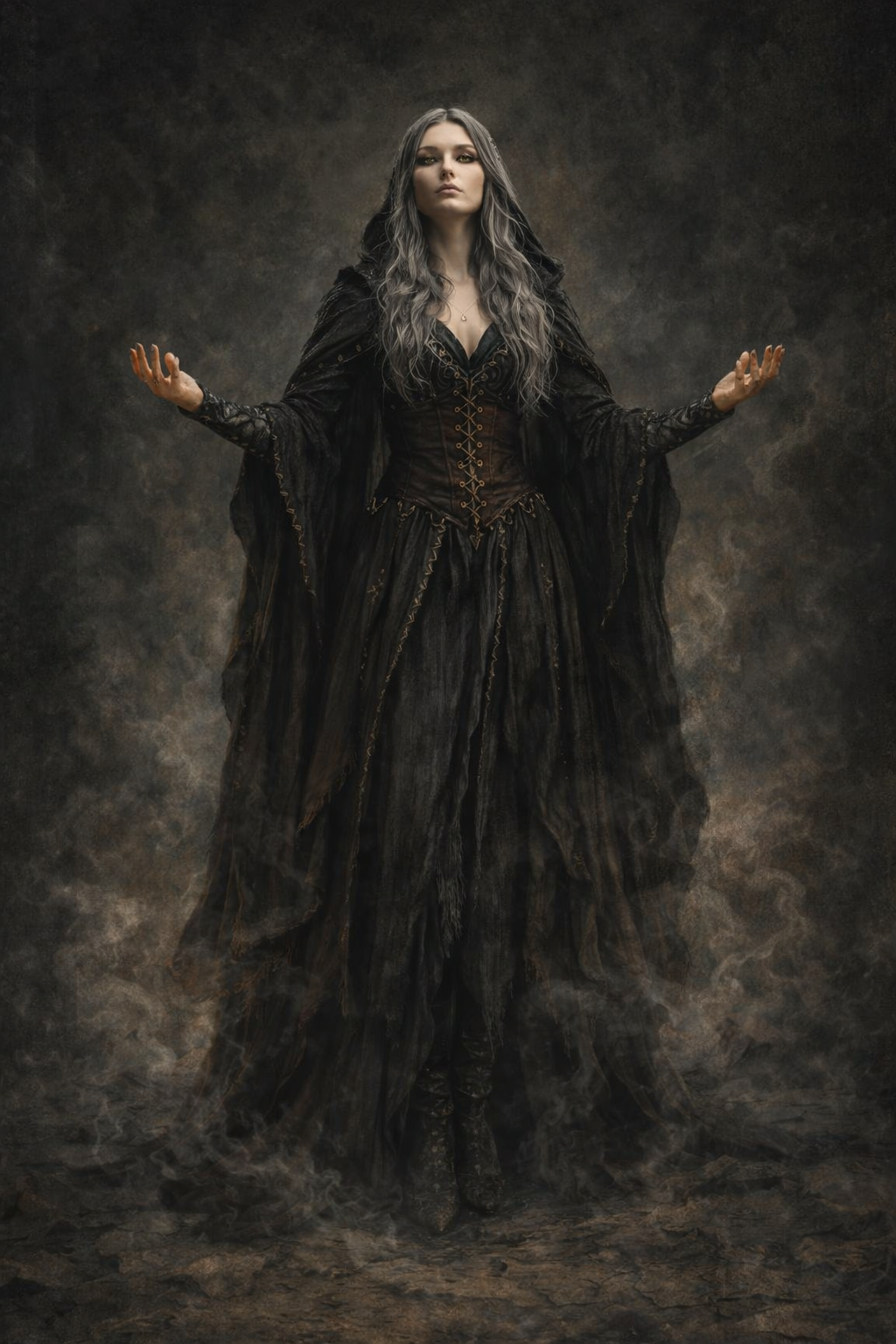 Sybilla Vale, a silver-haired mage in black ritual robes surrounded by Veil mist