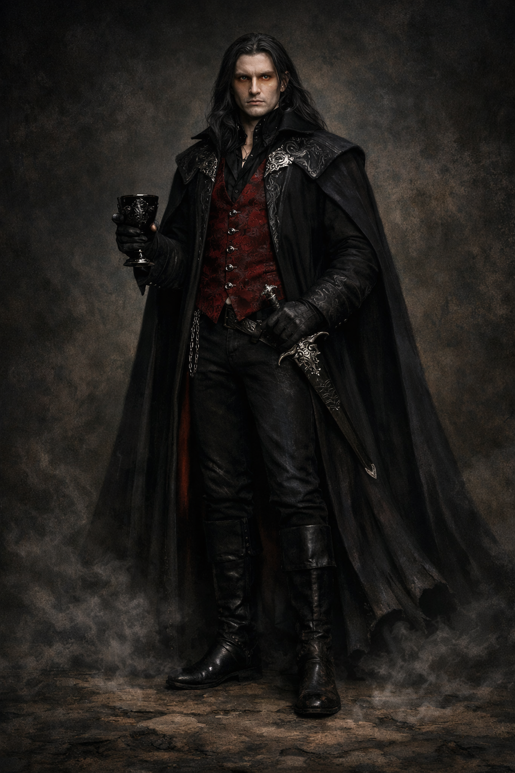 Valerian Ravenshade, a dark-haired vampire noble holding a black chalice and ornate dagger