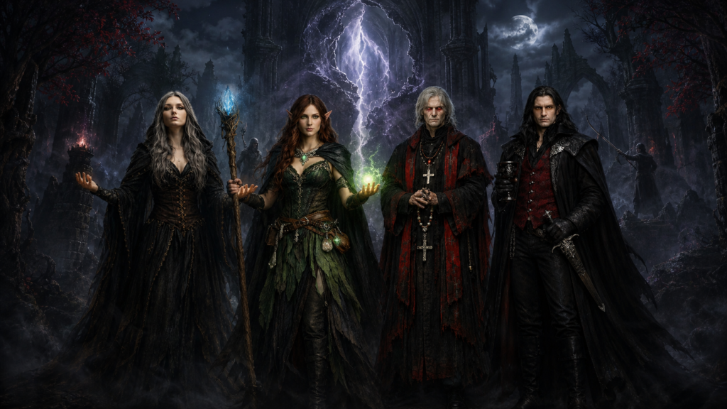 Sybilla Vale, Seren Fernshade, Father Aldric Mitchell, and Valerian Ravenshade before a luminous fractured Veil