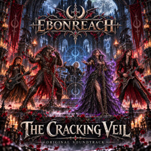 The five members of Ebonreach beneath the band logo on The Cracking Veil Original Soundtrack cover