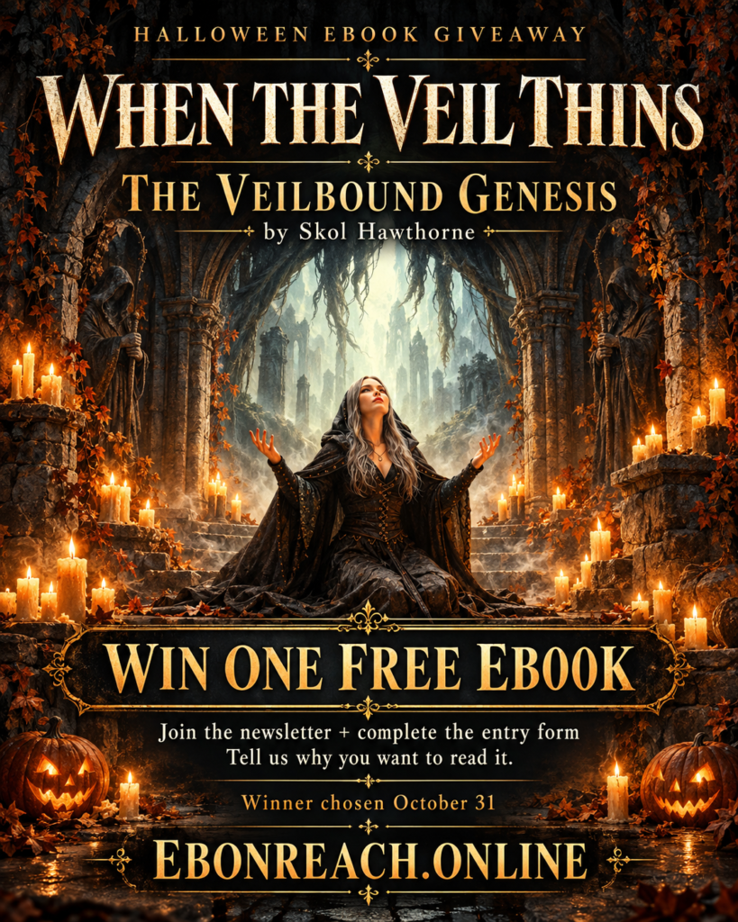 When the Veil Thins Halloween giveaway: win one free ebook of The Veilbound Genesis by Skol Hawthorne. Join the newsletter and submit your answer. Winner chosen October 31.