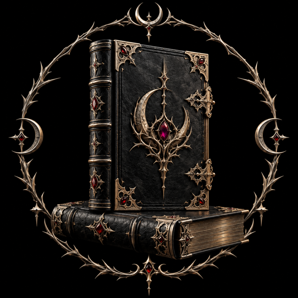 Ebonreach books category artwork with gothic silver ornament on a black background