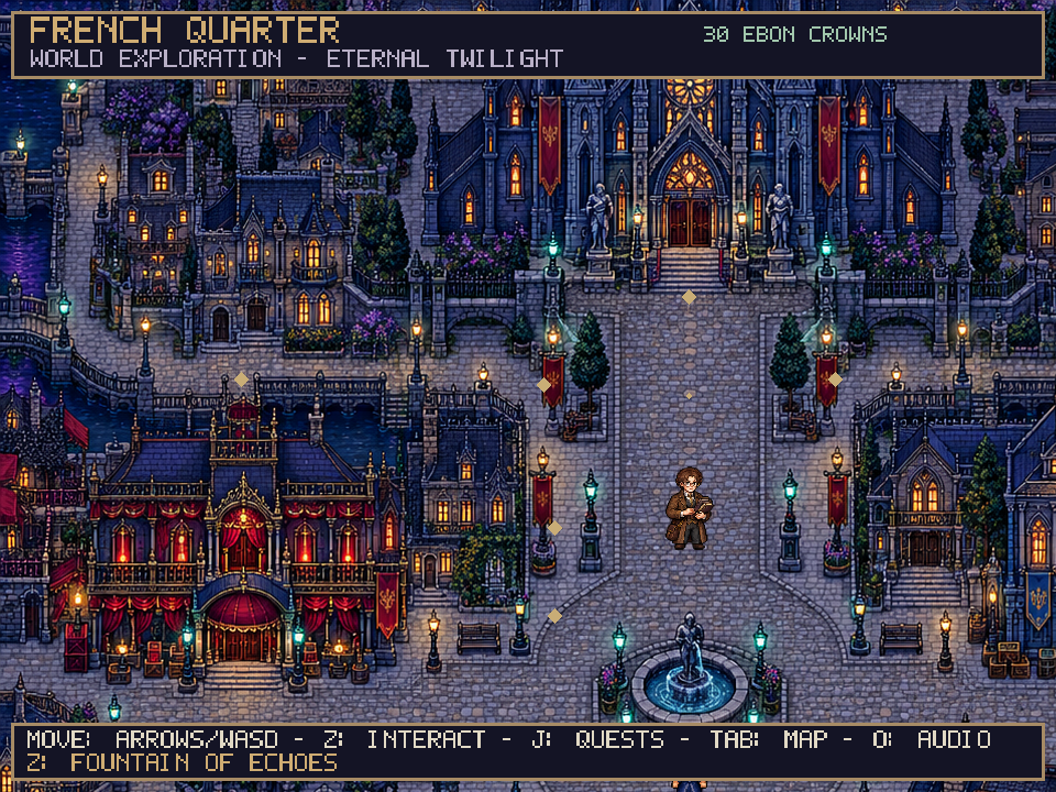 Actual gameplay: exploring a lamp-lit street in Ebonreach’s French Quarter