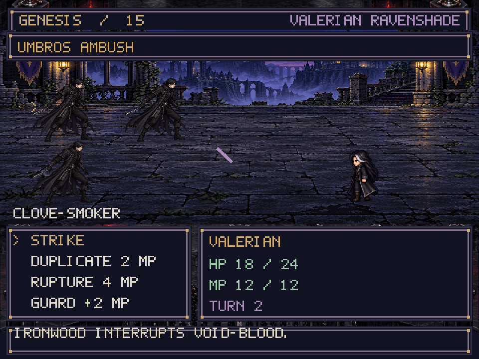 Actual gameplay: side-view turn-based battle with a command menu and character statistics