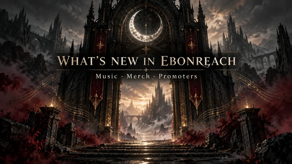 What’s new in Ebonreach: music, merchandise and promoters, illustrated by a gothic gateway beneath a silver crescent.
